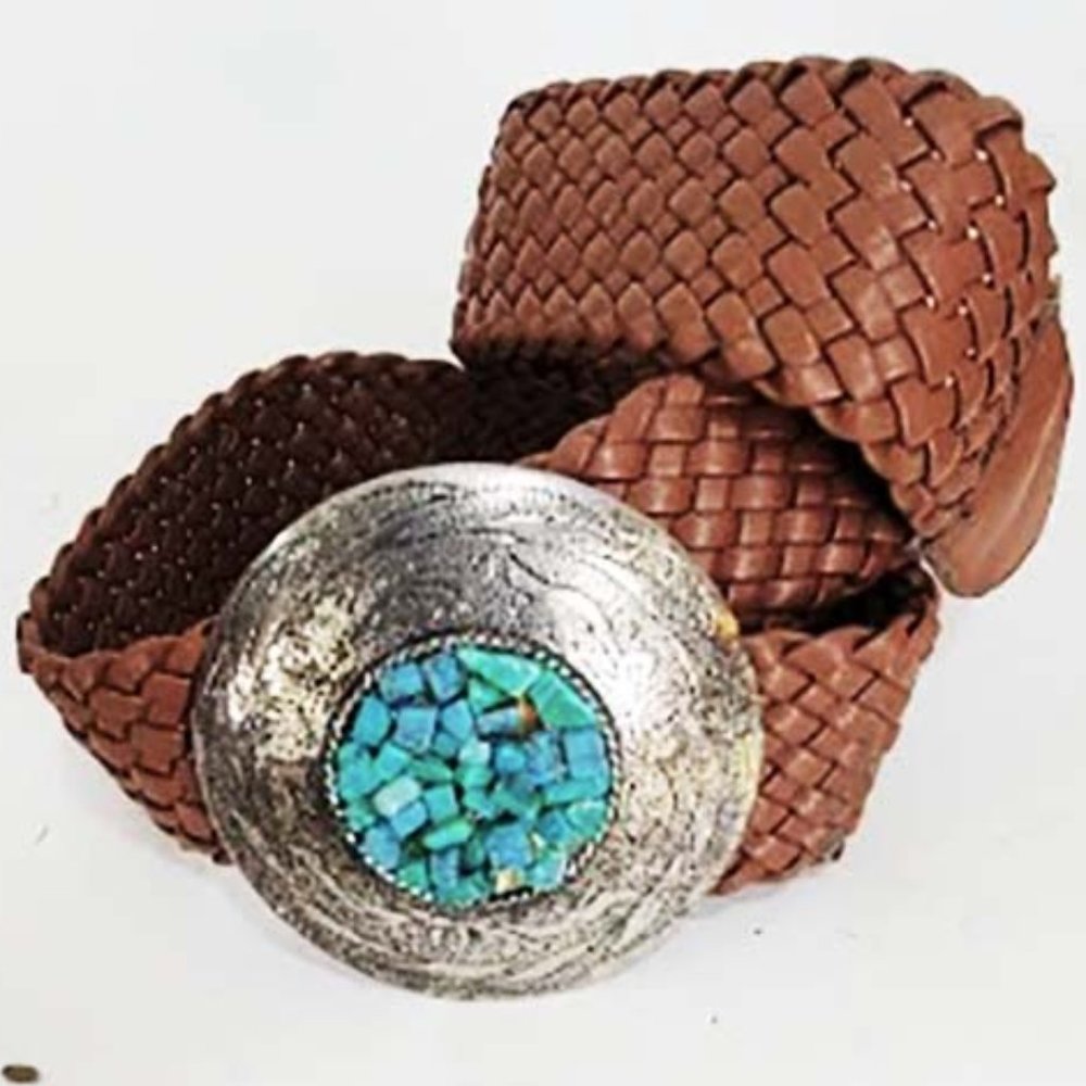 Wide Braided Leather Belt Engraved Western Buckle Turquoise Stone BOHO Women